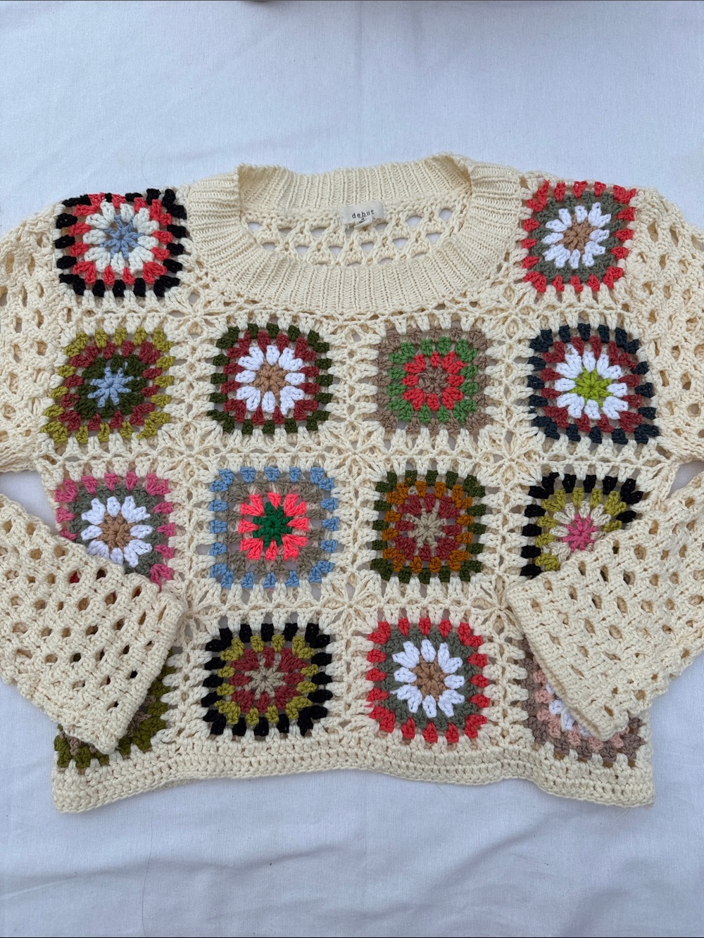 Debut Handmade Cream Crochet Granny Square Sweater - Multicolor Accents